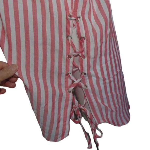 new A.N.A. Top, L, Tigerlilly, Coral/White, stripes, Lace up sides, Buttons, LS - Picture 5 of 11